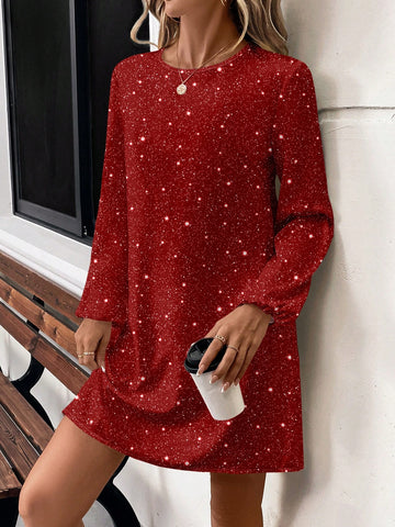 Casual Glittery Pattern Round Neck Long Sleeve Short Women Dress, Suitable For Spring/Autumn