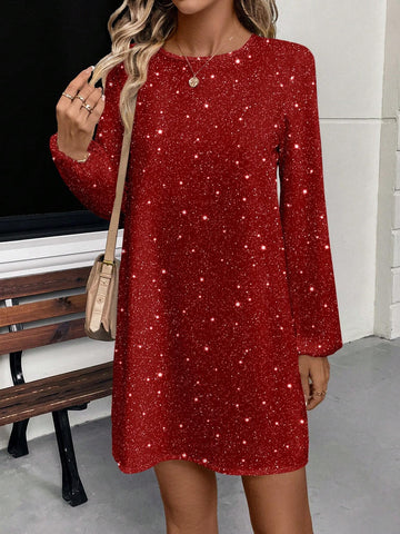 Casual Glittery Pattern Round Neck Long Sleeve Short Women Dress, Suitable For Spring/Autumn