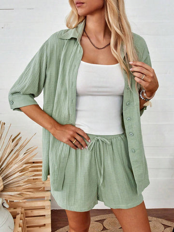 Casual Green Mid-Length Sleeve Open Front Top And Shorts Set, Summer