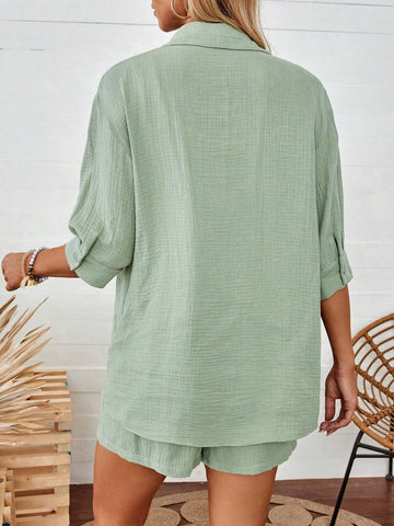 Casual Green Mid-Length Sleeve Open Front Top And Shorts Set, Summer