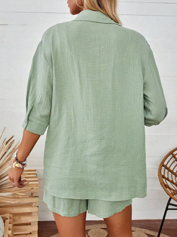 Casual Green Mid-Length Sleeve Open Front Top And Shorts Set, Summer
