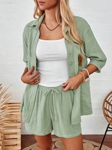 Casual Green Mid-Length Sleeve Open Front Top And Shorts Set, Summer