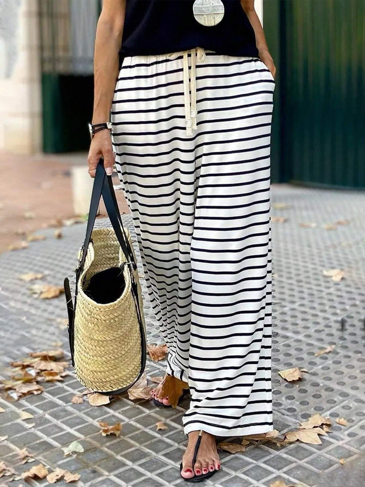 LUNE Casual High Waist Striped Drawstring Tie Long Pants