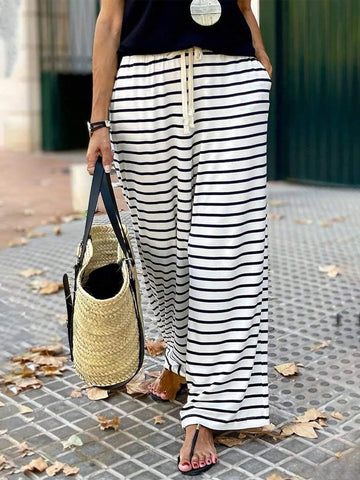 LUNE Casual High Waist Striped Drawstring Tie Long Pants