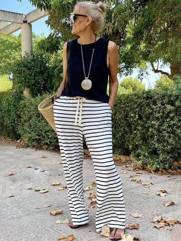 LUNE Casual High Waist Striped Drawstring Tie Long Pants