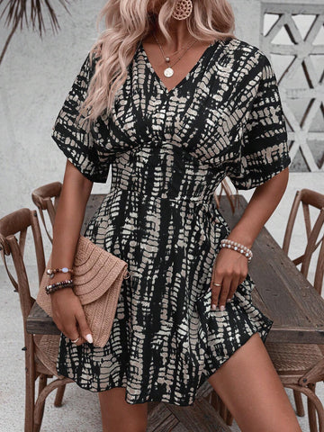 Casual Holiday Random Printed Batwing Sleeve Dress With Gathered Waist