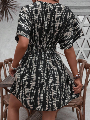 Casual Holiday Random Printed Batwing Sleeve Dress With Gathered Waist