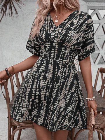 Casual Holiday Random Printed Batwing Sleeve Dress With Gathered Waist