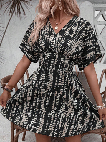 Casual Holiday Random Printed Batwing Sleeve Dress With Gathered Waist