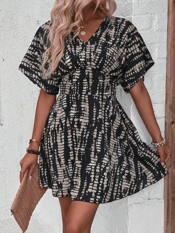 Casual Holiday Random Printed Batwing Sleeve Dress With Gathered Waist