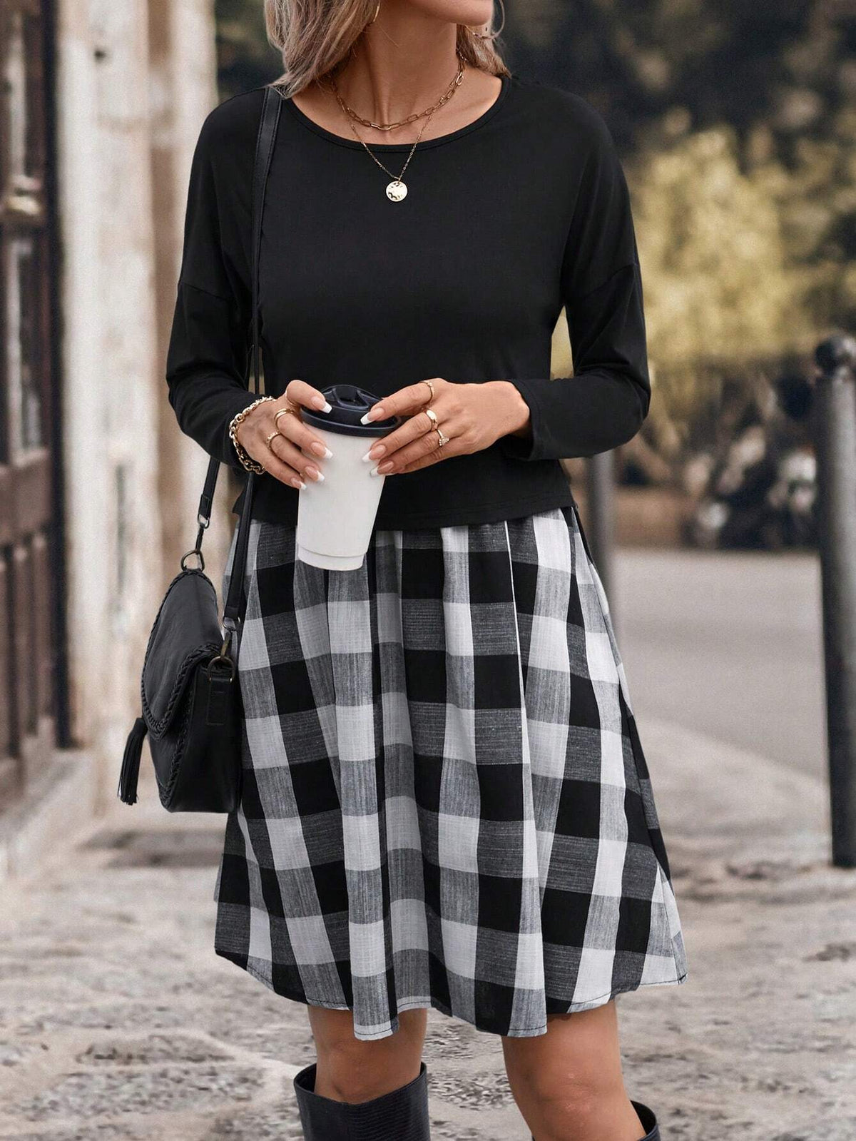 Casual Knit Patchwork Plaid Dress
