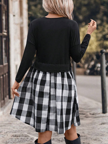 Casual Knit Patchwork Plaid Dress