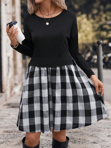 Casual Knit Patchwork Plaid Dress