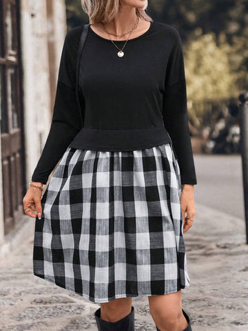 Casual Knit Patchwork Plaid Dress