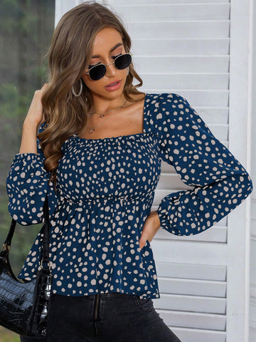 LUNE Casual Lantern Sleeve Ruffle Hem Allover Print Shirt, Suitable For Autumn Daily Wear