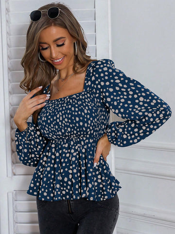 LUNE Casual Lantern Sleeve Ruffle Hem Allover Print Shirt, Suitable For Autumn Daily Wear