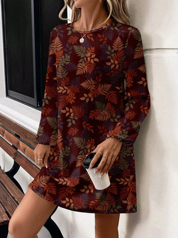 Casual Leaf Pattern Round Neck Long Sleeve Short Women's Dress, Spring & Autumn