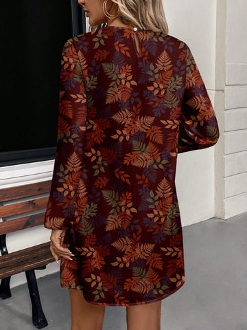 Casual Leaf Pattern Round Neck Long Sleeve Short Women's Dress, Spring & Autumn