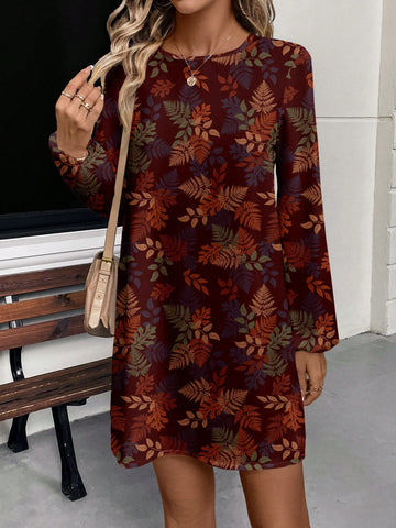 Casual Leaf Pattern Round Neck Long Sleeve Short Women's Dress, Spring & Autumn