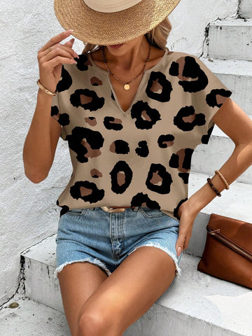 LUNE Casual Leopard Print Women's V-Neck Shirt, Suitable For Summer