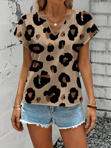 LUNE Casual Leopard Print Women's V-Neck Shirt, Suitable For Summer