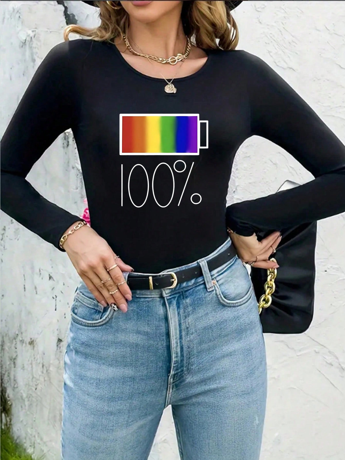 Casual Long Sleeve Round Neck Bodysuit With Battery Level Print