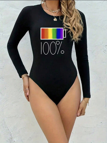 Casual Long Sleeve Round Neck Bodysuit With Battery Level Print