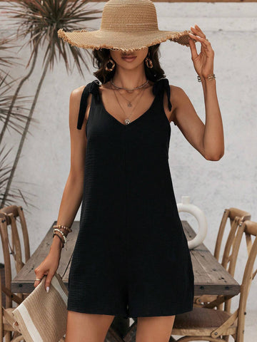 Casual Loose Fit Cotton V-Neck Jumpsuit With Wide Shoulder Straps