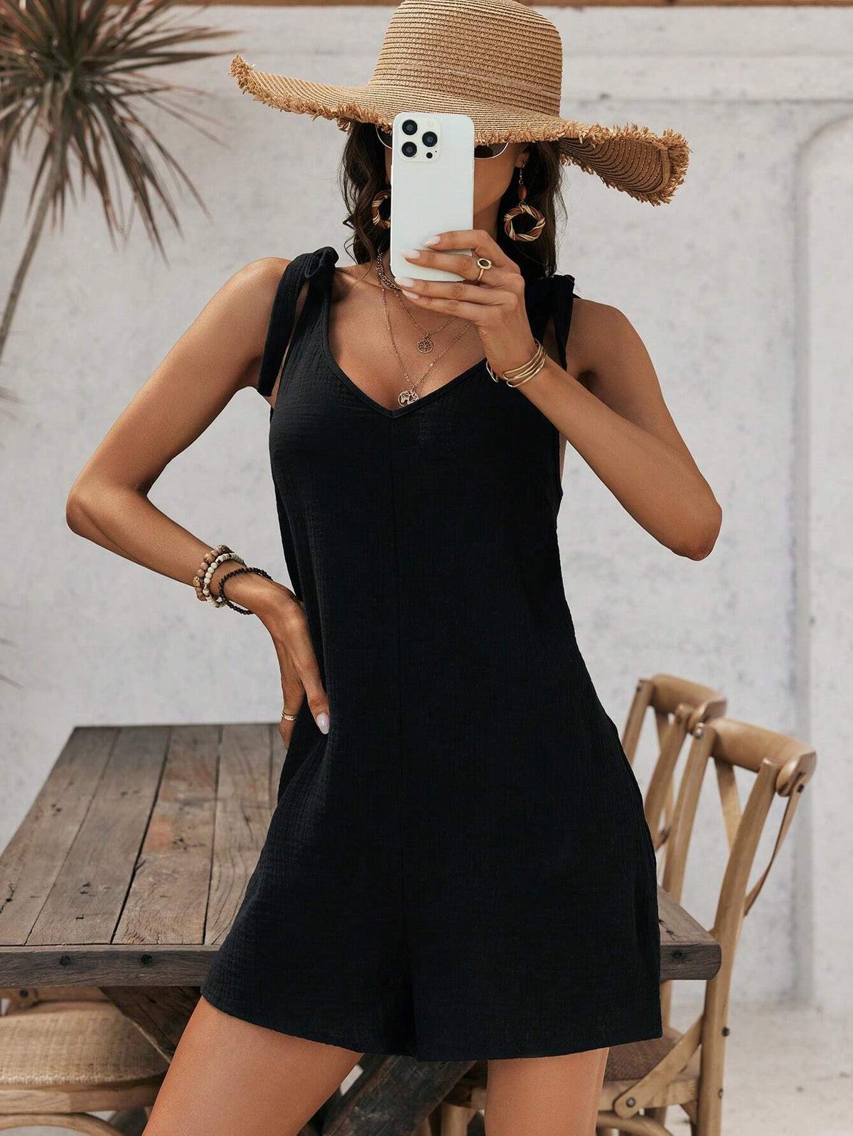 Casual Loose Fit Cotton V-Neck Jumpsuit With Wide Shoulder Straps