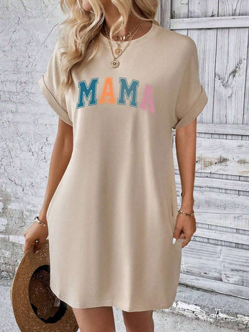 Casual Loose Fit Short Sleeve Round Neck Letter Print Dress, Suitable For Summer