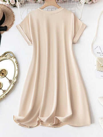 Casual Loose Fit Short Sleeve Round Neck Letter Print Dress, Suitable For Summer