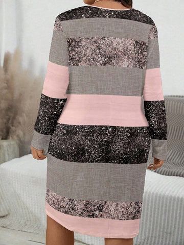 Casual Minimal Glitter Striped Loose Round Neck Midi Dress For Women, Suitable For Summer