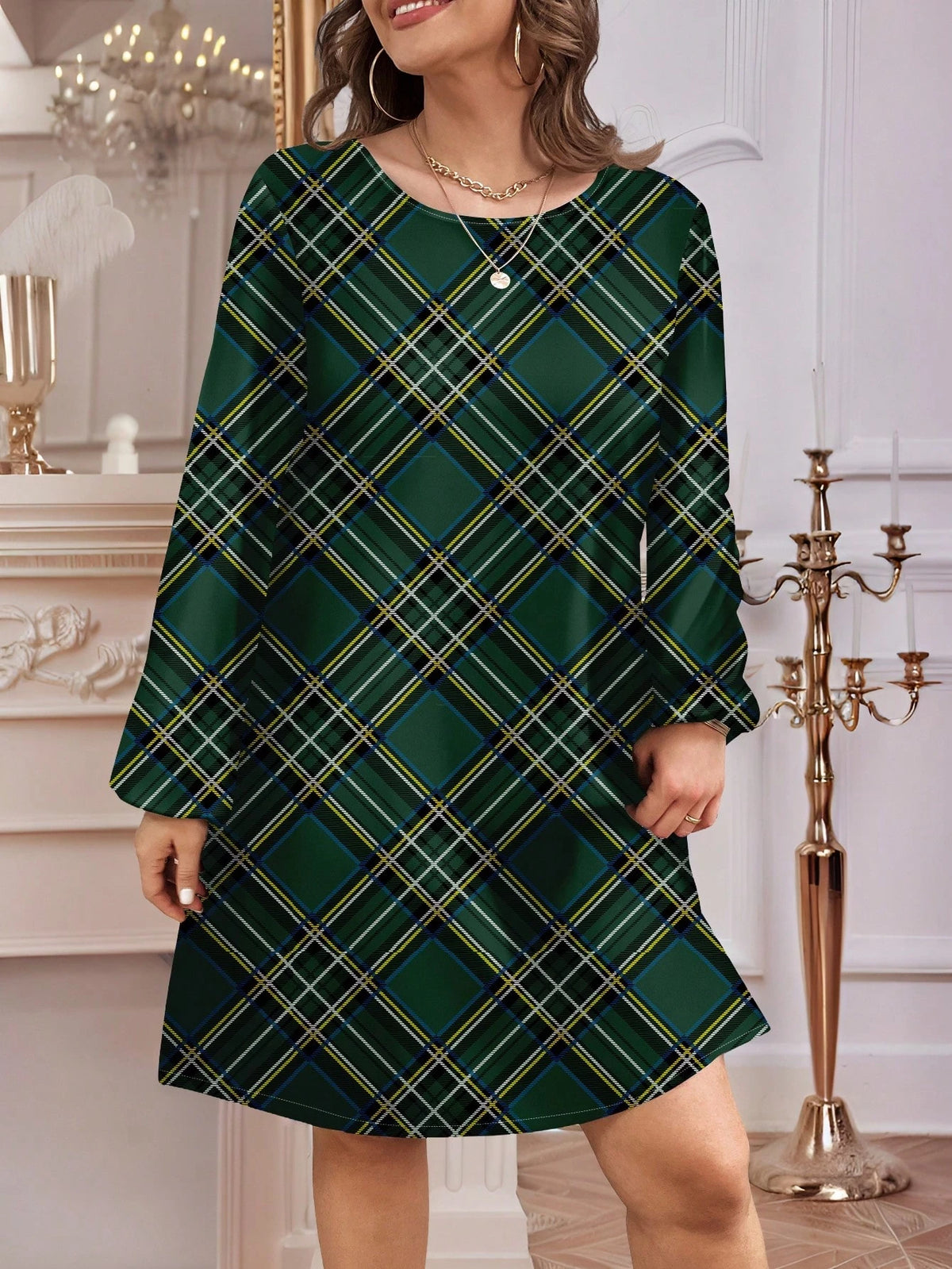 Casual Minimalist Green Plaid Pattern Women Dress, Suitable For Spring & Autumn