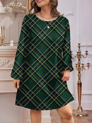 Casual Minimalist Green Plaid Pattern Women Dress, Suitable For Spring & Autumn