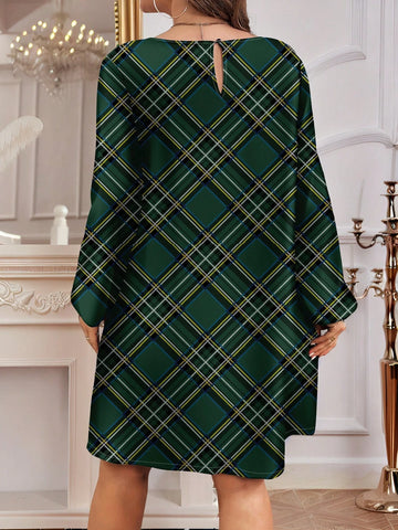 Casual Minimalist Green Plaid Pattern Women Dress, Suitable For Spring & Autumn