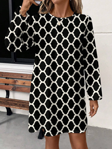Casual Minimalist Rhombus Plaid Pattern Loose Round Neck Long Sleeve Women Dress, Suitable
