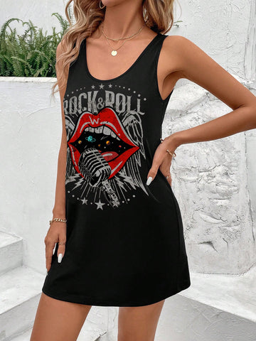 Casual Minimalist Rock Singing Graphic Sleeveless Dress, Summer