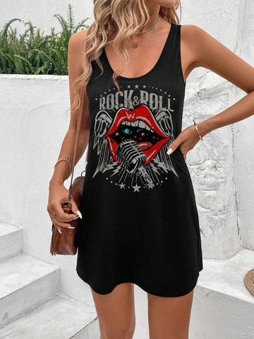 Casual Minimalist Rock Singing Graphic Sleeveless Dress, Summer