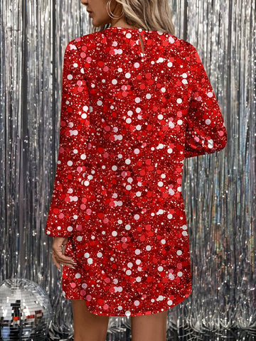 Casual Minimalist Shiny Pattern Loose Fit Crew Neck Women's Dress, Suitable For Autumn/Winter