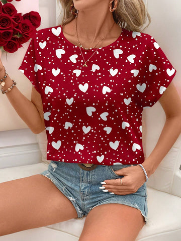 LUNE Casual Minimalist Women's Red Heart Graphic Round Neck Shirt