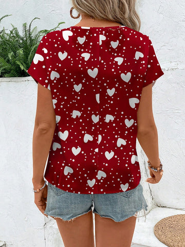 LUNE Casual Minimalist Women's Red Heart Graphic Round Neck Shirt