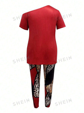 Casual Oblique Shoulder Split Hem Letter Pattern Printing & Patchwork Skinny Pants Two Piece Set