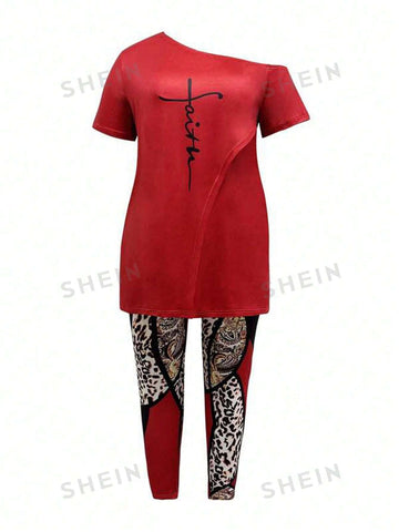 Casual Oblique Shoulder Split Hem Letter Pattern Printing & Patchwork Skinny Pants Two Piece Set