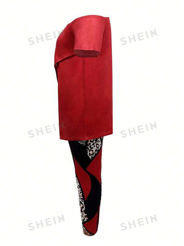 Casual Oblique Shoulder Split Hem Letter Pattern Printing & Patchwork Skinny Pants Two Piece Set