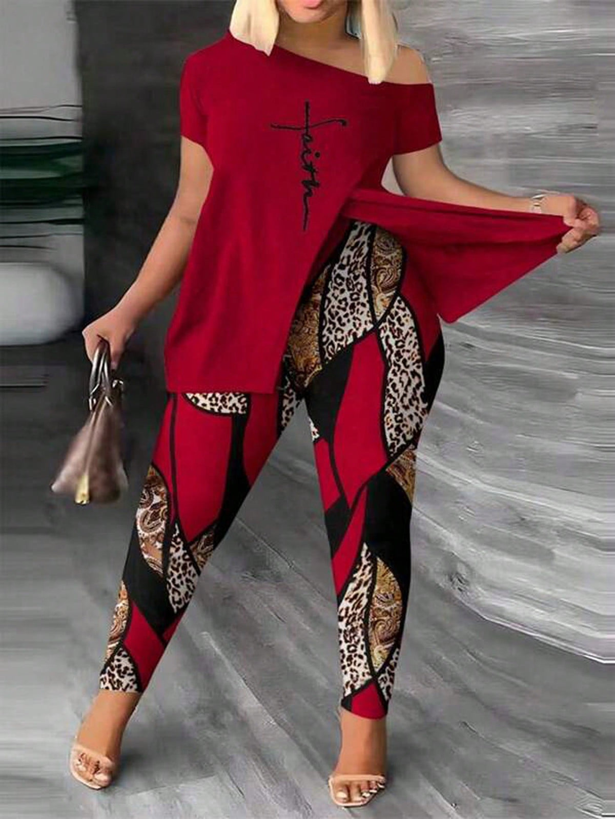 Casual Oblique Shoulder Split Hem Letter Pattern Printing & Patchwork Skinny Pants Two Piece Set