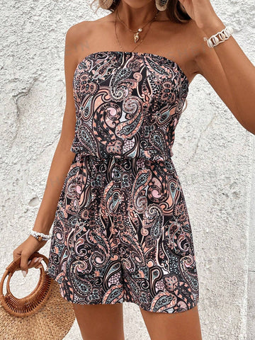 Casual Paisley Print Strapless Jumpsuit With Elastic Waistband