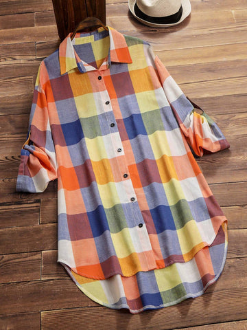 LUNE Casual Plaid Roll-Tab Sleeve High Low Shirt