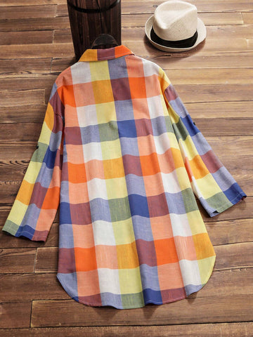LUNE Casual Plaid Roll-Tab Sleeve High Low Shirt