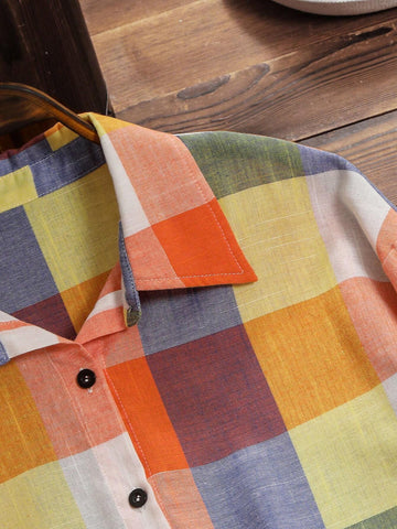 LUNE Casual Plaid Roll-Tab Sleeve High Low Shirt