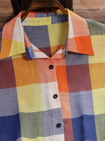 LUNE Casual Plaid Roll-Tab Sleeve High Low Shirt